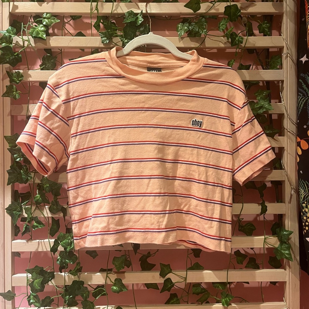 Obey Pink Striped Crop Top